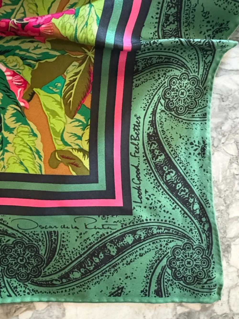 Vintage Oscar de la Renta Floral Green and Pink Silk Square Scarf
